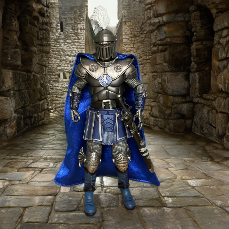 Full-body view of the Ultimate NECA Strongheart Dungeons & Dragons action figure in detailed silver plate mail armor and blue cape flowing.