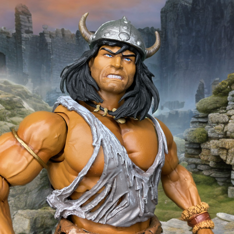 Pintura facial detalhada e barba por fazer na figura de Conan, o Bárbaro, na Batalha da Pedra Negra.