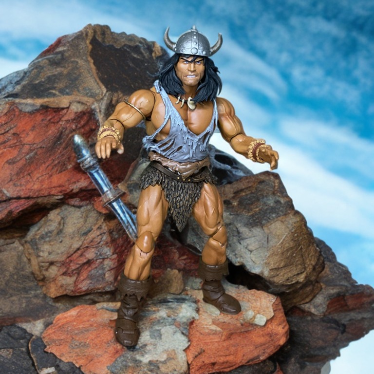 Vista frontal completa da figura de ação de 7 polegadas de Conan, o Bárbaro, na Batalha da Pedra Negra.