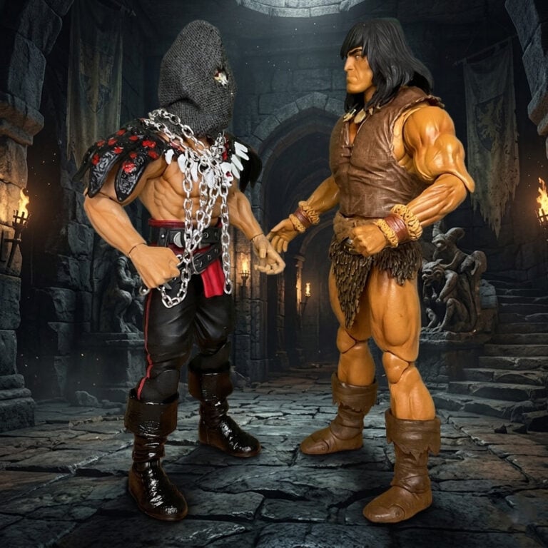 Conan the Barbarian Battle of the Black Stone action figure squaring off against Grym the Executioner in an intense battle pose on Fantasy Action Figures.
