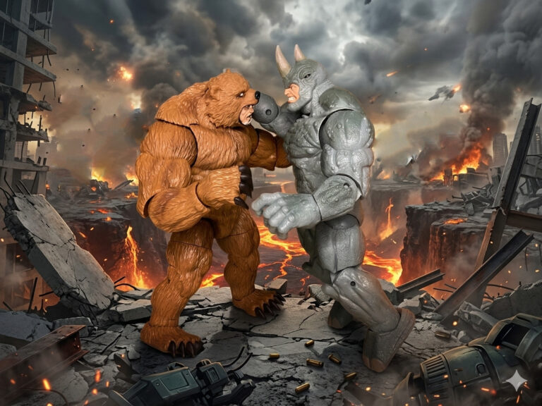Marvel Legends Grizzly and Rhino action figures posed together as animal-themed Spider-Man villains.