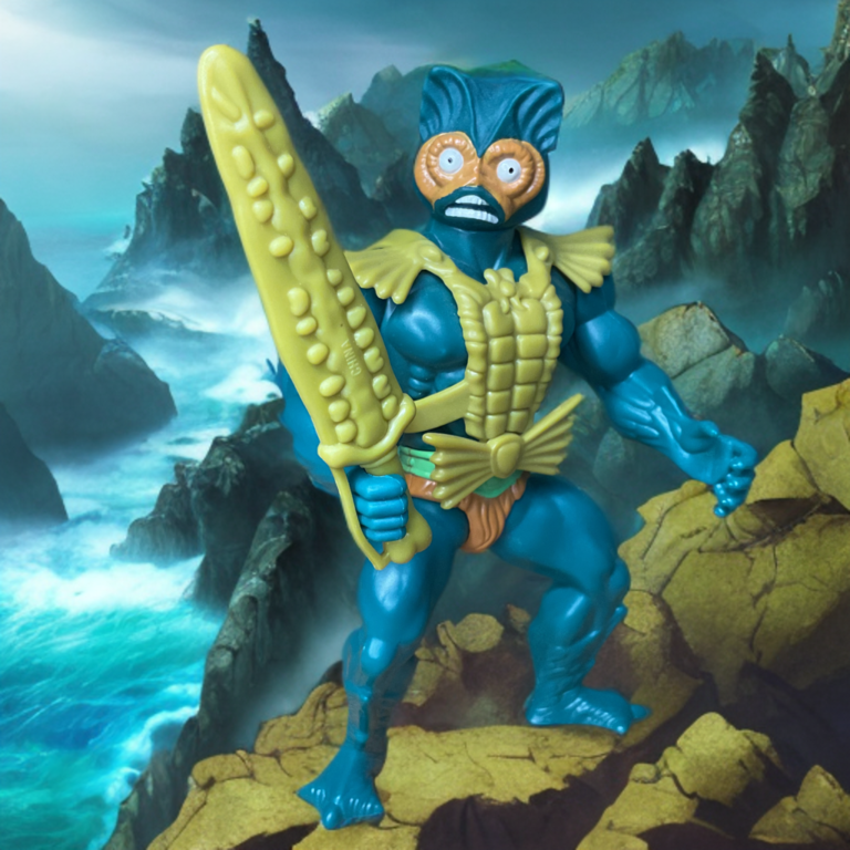 Warlord of the sea Mer Man stands upon a rocky cliff above the ocean blue.