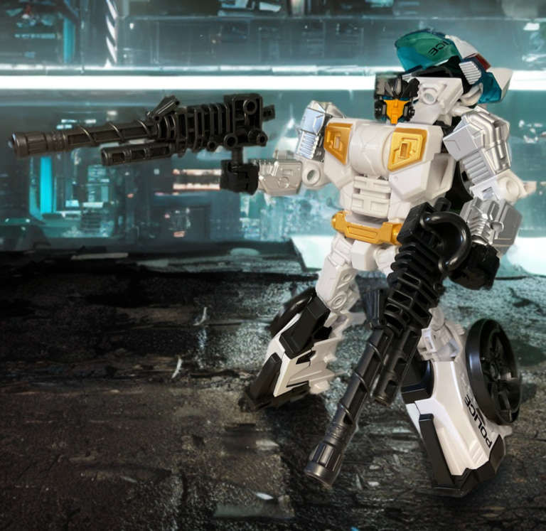 Groove robot mode, a motorcycle robot holding two silver blasters in a scout pose.