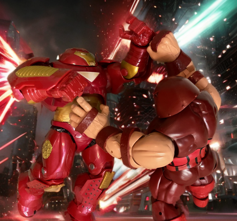 Hulkbuster and Juggernaut exchanging devastating punches in raw power clash.
