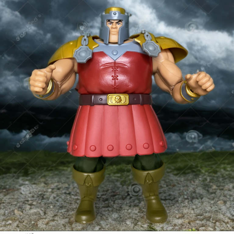 Detailed shot of the red tunic and metallic blue plates on the Fantasy Action Figures Ram Man review.