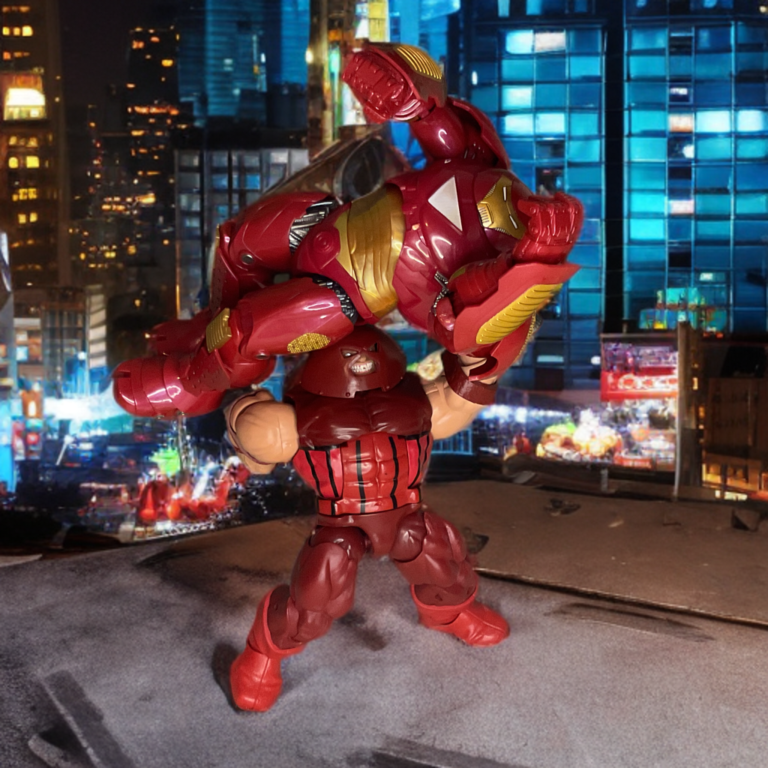 Juggernaut pressing Hulkbuster Iron Man armor overhead in epic overpowering moment.