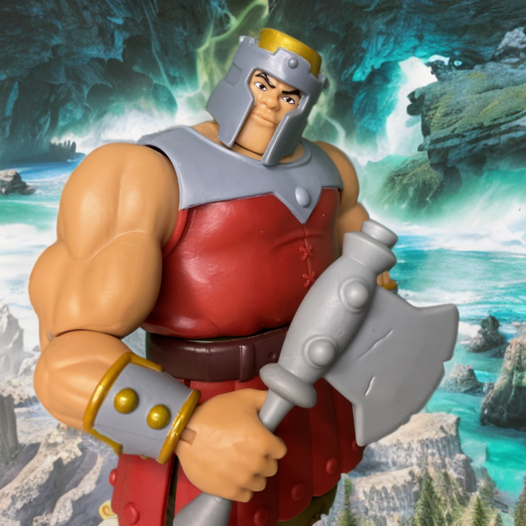 Close-up of Ram Man's metallic gray and gold helmet from the 200x Cartoon Collection.