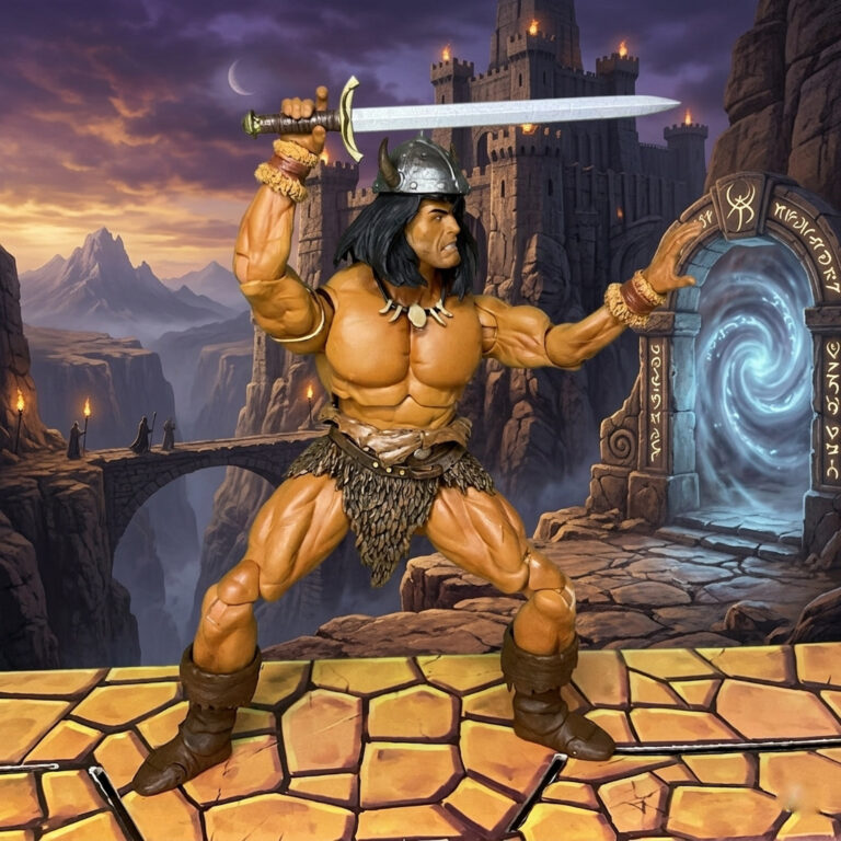 Pose de teste de articulação demonstrando o alcance das articulações na figura de Conan Battle of the Black Stone.