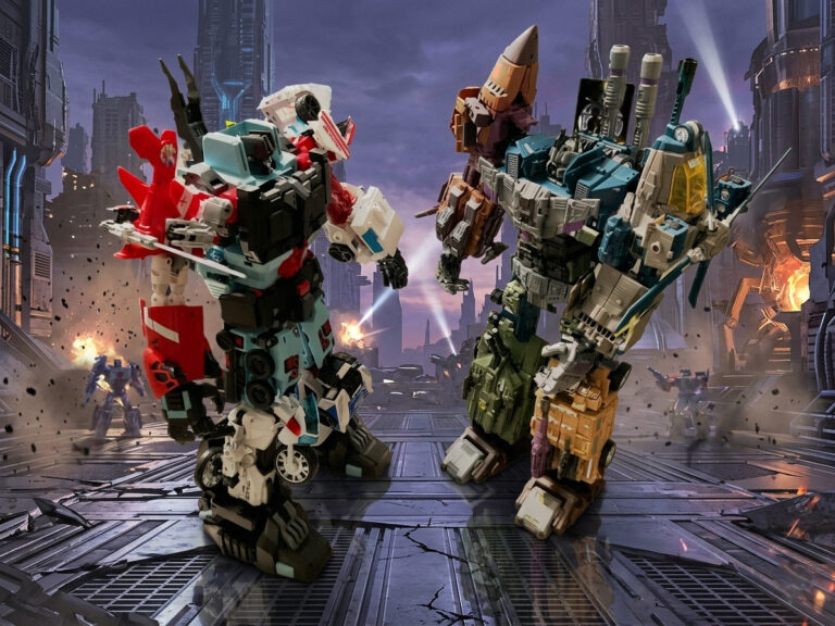 Two large combined Transformers action figures, Demon Knight Defensor and Jinbao Bruticus, facing each other in a battle-damaged sci-fi city background on the Fantasy Action Figures website.