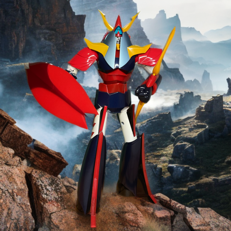 Raideen figure in an archery pose holding the expanded God Gogun bow and arrow accessory.
