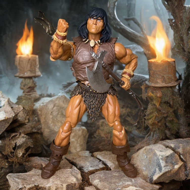 Você pode ver a figura de Conan, o Bárbaro, na Batalha da Pedra Negra, em uma poderosa pose de ação com a espada.