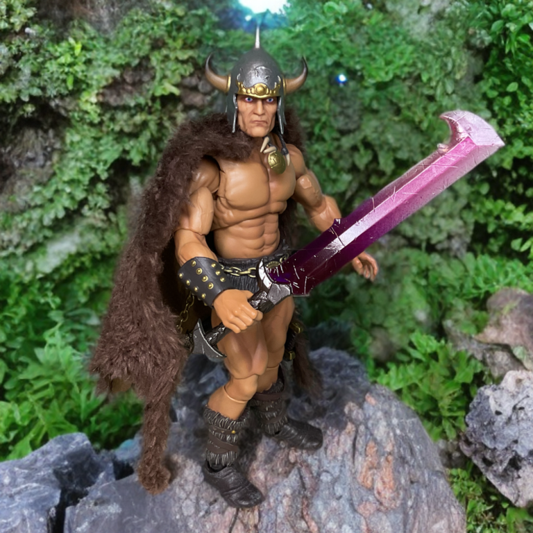 Savage Crucible Frazetta warrior in sword whirlwind action pose, fantasy barbarian review on Fantasy Action Figures.