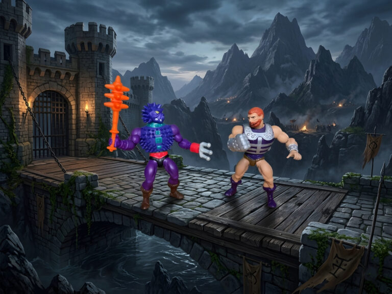 Spikor faces Fisto in an epic fantasy scene centered on a drawbridge with dark mountains in the background.