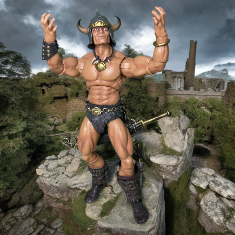 Demonstração da articulação da figura de ação do guerreiro Savage Crucible Frazetta, mostrando o alcance das articulações na revisão.