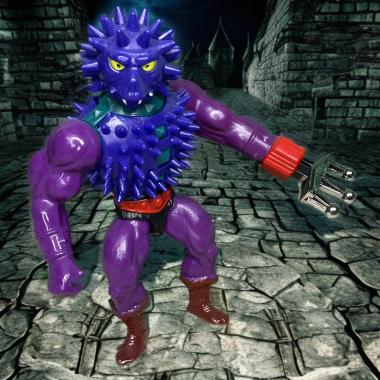 Vintage 1984 Spikor Masters of the Universe toy figure, the spiky demon turned buffoon in the cartoon, from Fantasy Action Figures – untouchable master of evil combat look.