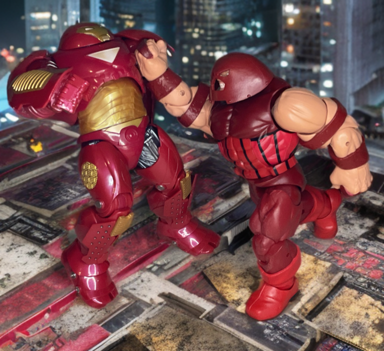 Hulkbuster Iron Man trading massive punches with charging Juggernaut in destructive city fight.