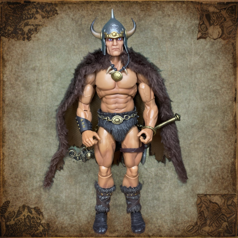 Perfil frontal do Savage Crucible Frazetta Warrior com espada, figura bárbara icônica inspirada em Frank Frazetta.