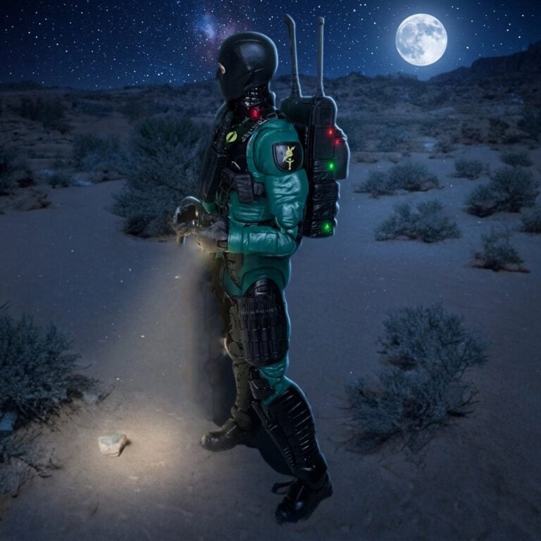 Night-Viper em posição de emboscada agachada, destacando o pescoço articulado e os ombros em forma de borboleta em Classified Seri