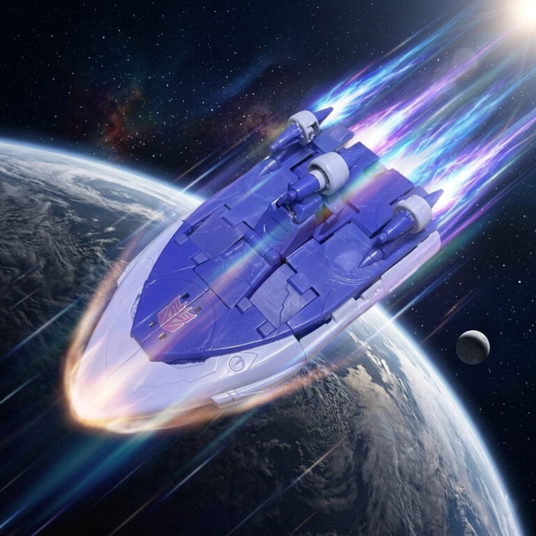 Studio Series Scourge hovercraft mode captured in a dynamic angled pose to suggest high-speed tracking and movement.
