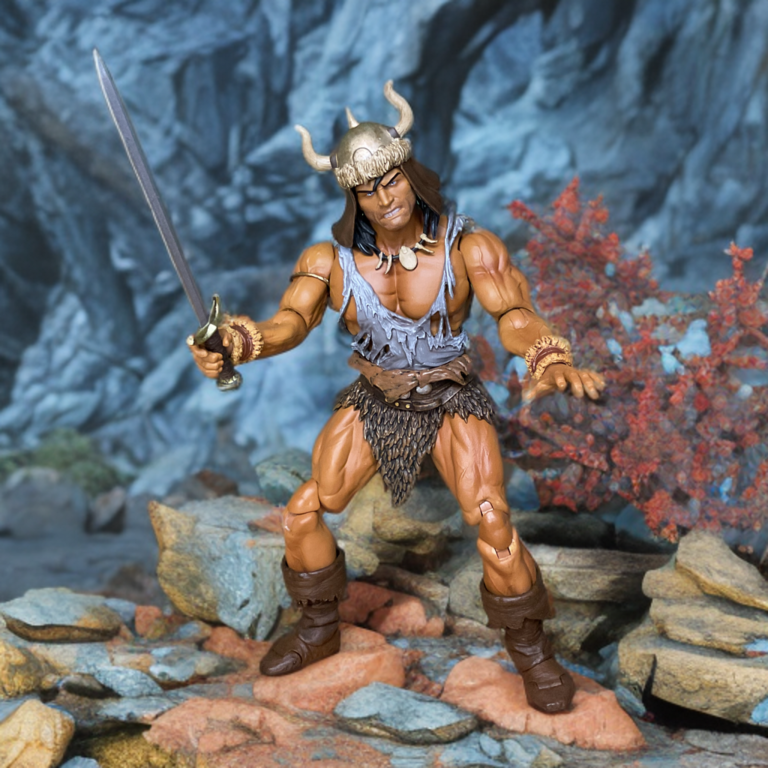 Ausgefeilte Muskeldefinition und Kampfnarben bei der Conan Battle of the Black Stone Actionfigur.