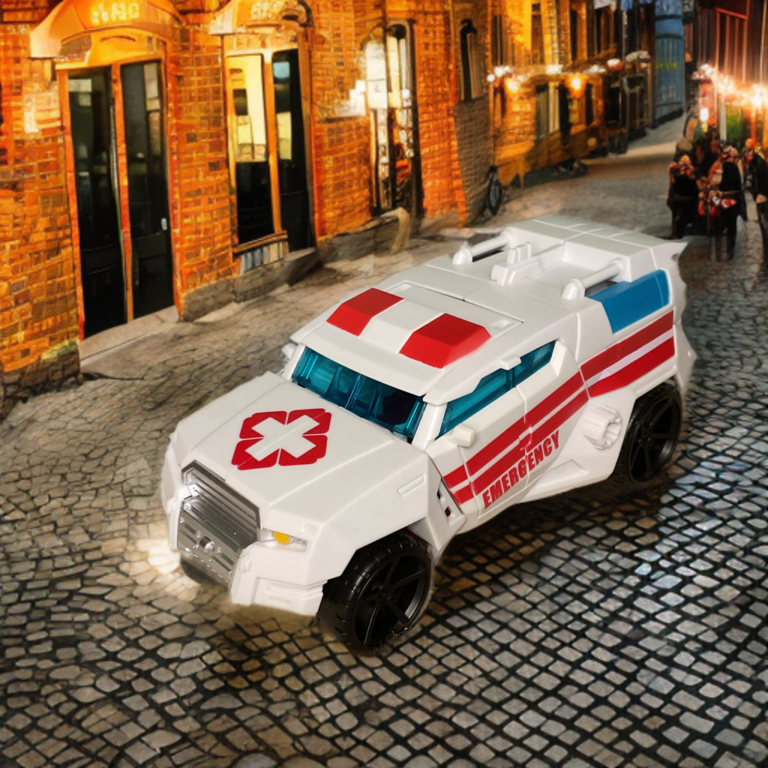 A white and red rescue ambulance toy vehicle with medical cross symbols.