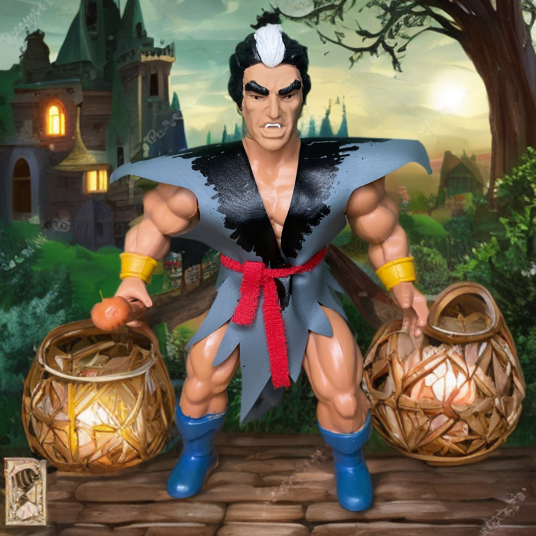 A close-up of Mikola’s head sculpt, showing the thick black hair and the prominent white stripe running down the center.