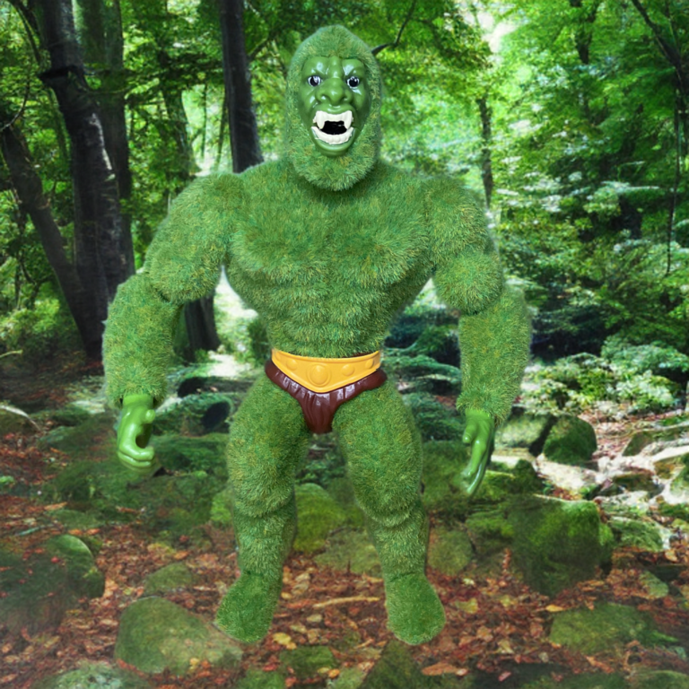 Moss Man standing among the forest foliage.