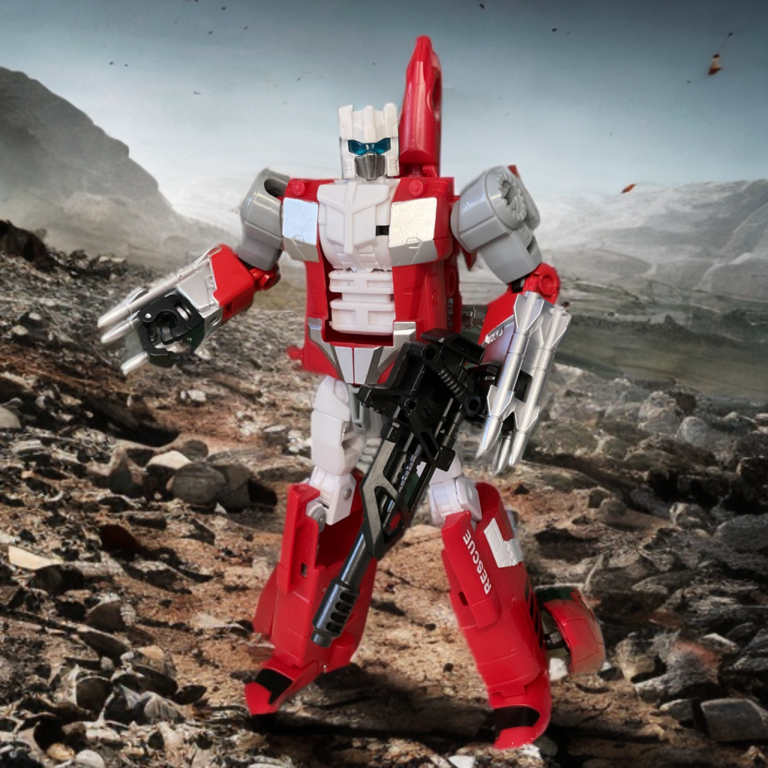 Blades robot mode, a white and red helicopter robot holding a black blaster.