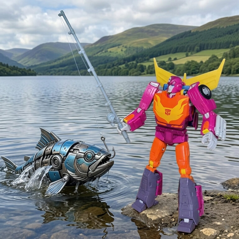 Autobot Hot Rod Studio Series figure posed with fishing rod accessory, capturing early carefree scout moments.