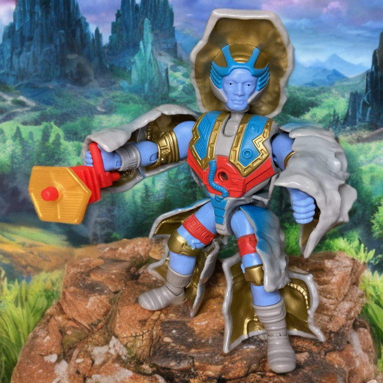 Retrato de corpo inteiro de Stonedar da linha Masters of the Universe Origins, com design de guerreiro rochoso azul e dourado.