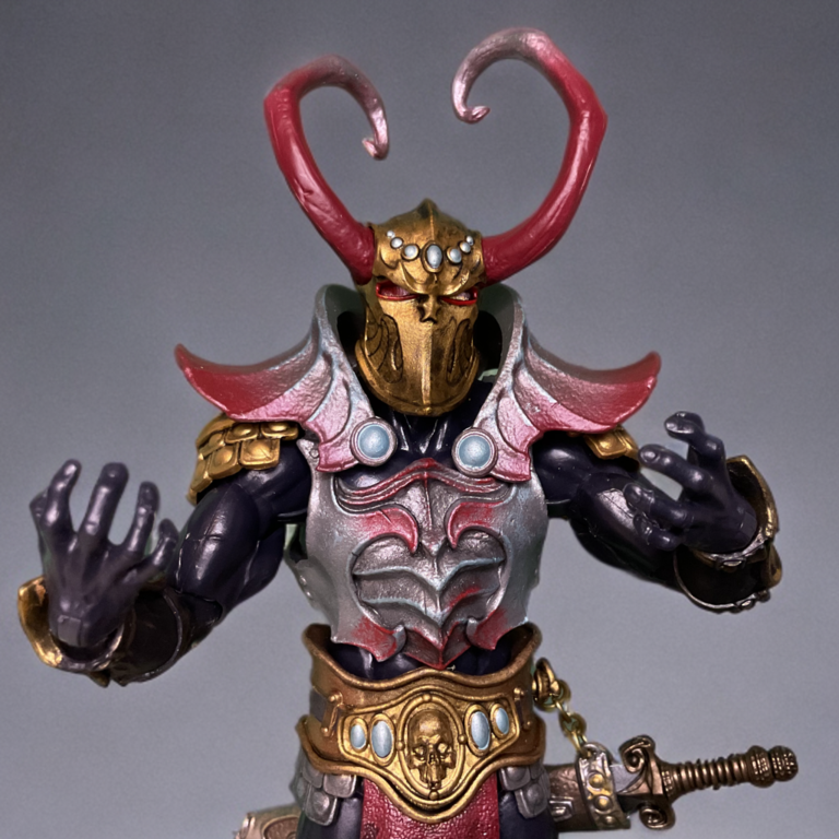Gros plan du casque à cornes et de la visière de Nashorn The Disinherited sur la figurine Savage Crucible.