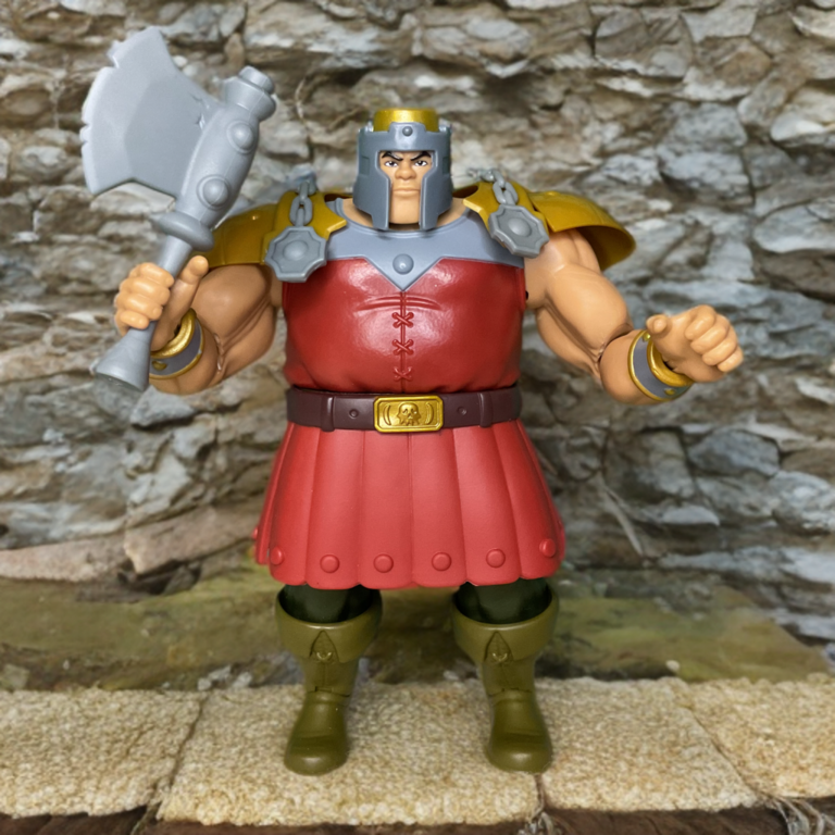 A heroic low-angle shot of the MOTU Origins 200x Ram Man standing sentinel.