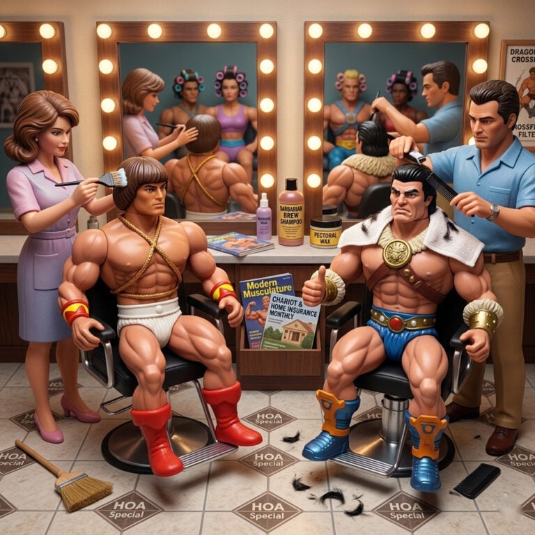 Pflege der Actionfiguren: Remco Hercules und Dragonore Barbaro lassen sich in einem Schönheitssalon die Haare machen.