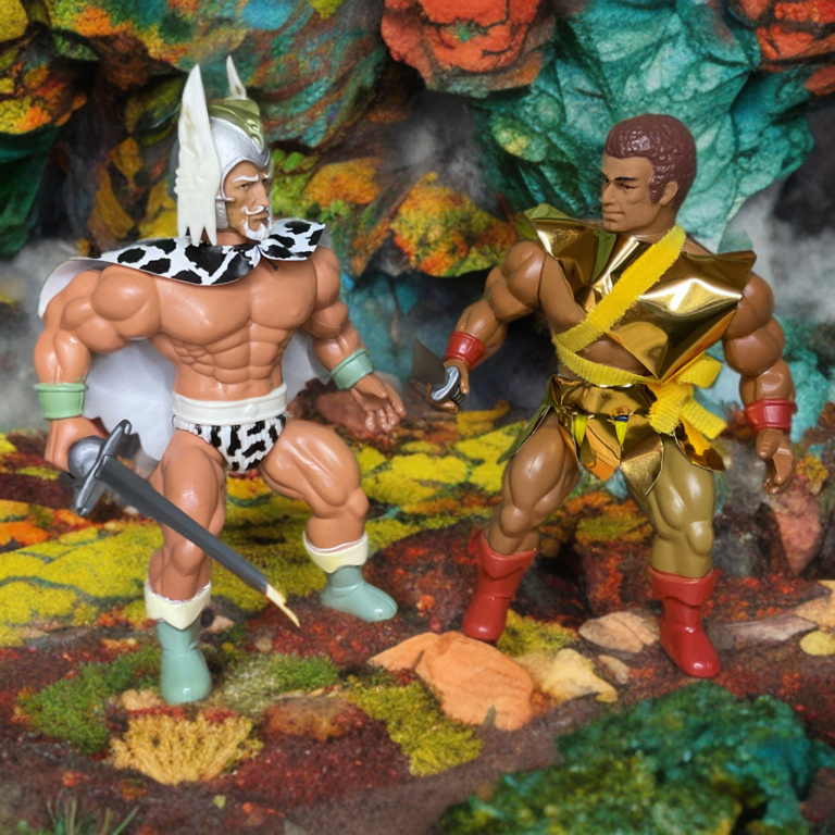 Remco Lost World of the Warlord Travis Morgan and Machiste action figures side by side, vintage 1980s toys of bearded hero and warrior ally.
