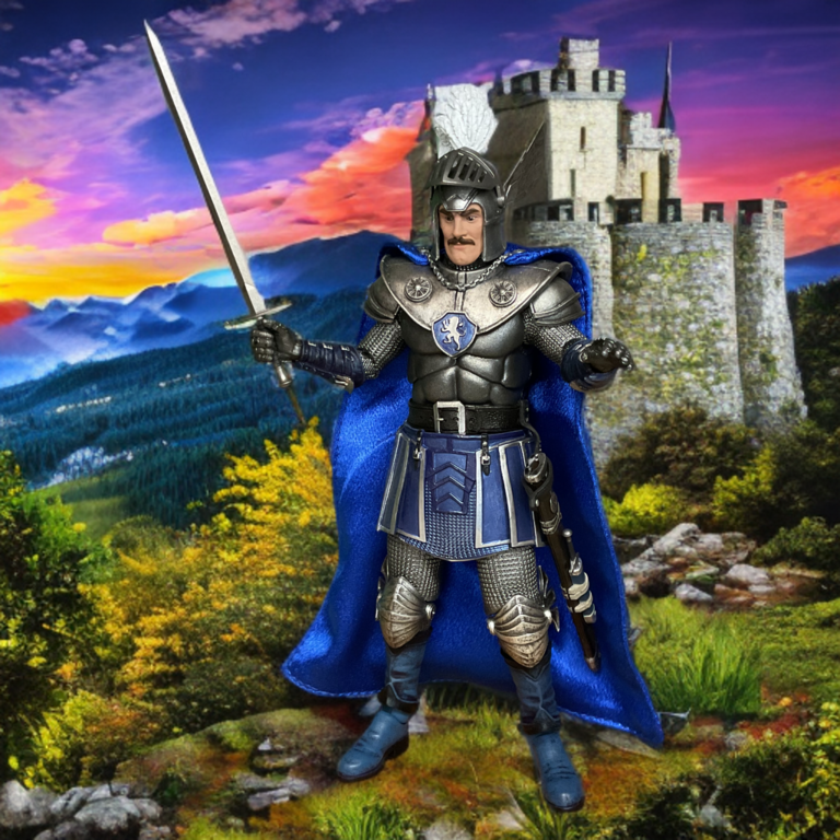 Close-up of NECA Strongheart figure holding Purlblade sword, detailed hilt and blade visible against his armored gauntlet.