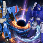 Studio Series action figures posed to depict Thundercracker being engulfed in energy and emerging as Scourge during Unicron’s reformatting process.