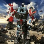 A massive blue and white combined Transformers robot known as Defensor, an upscaled Demon Knight version, standing heroically in a battle scene.