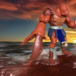 A dramatic, low-angle shot of the MOTU Origins 2002 Cartoon Collection Clawful figure with his massive pincer open.