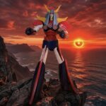 Full view of the Soul of Chogokin GX-41S Raideen figure with the God Face Mountain display base.