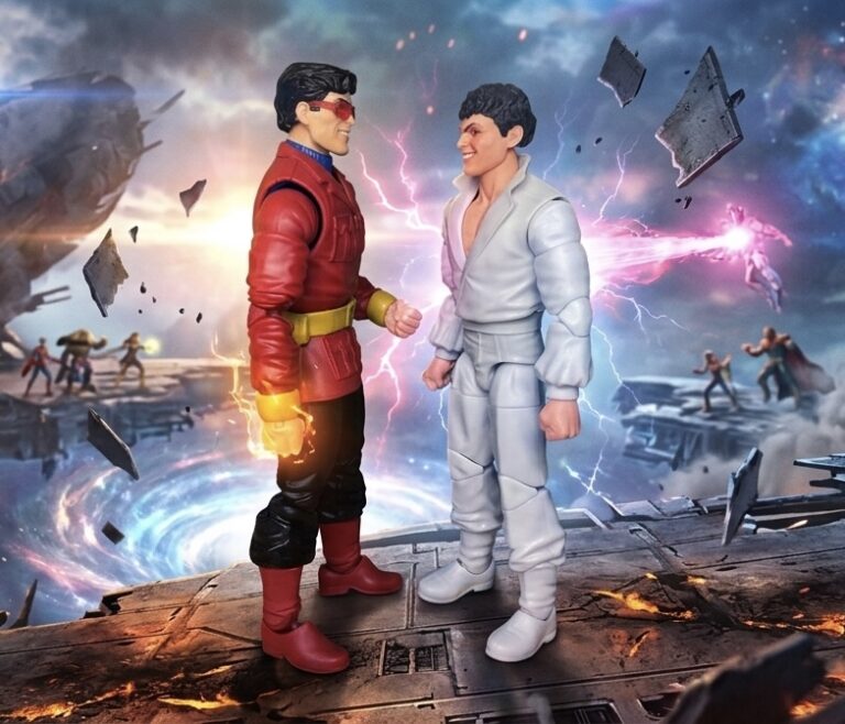 Marvel Legends Wonder Man in red jacket costume aggressively posed with ionic energy effects facing off against the Marvel Legends Retro Secret Wars Beyonder figure – ultimate power mismatch from Fantasy Action Figures.