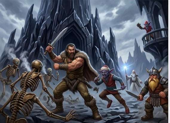 A dynamic painting of an intense battle taking place on a steep, rocky mountain path below a massive, crumbling stone ruin (Hornborg). In the center, Magnus Adamanteus (muscular bearded warrior with a fur cape.