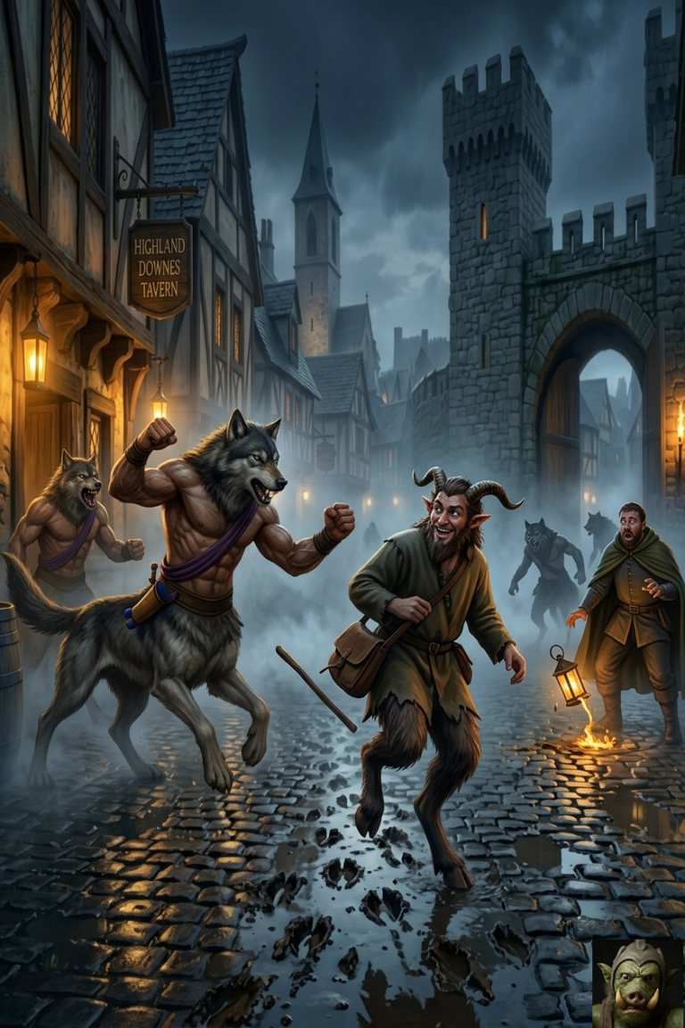 An action shot of a faun with curly horns running through a rainy, cobblestone town square. He is being chased by muscular wolf-humanoid centaur creatures (Wilkolach). Mud splashes from the faun's hooves as he smiles mischievously. Medieval buildings and a stone gate are in the background.