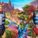 Fisto and Clamp Champ action figures from Masters of the Universe Revelation standing back-to-back on a rocky terrain.