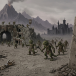 A landscape view of a jagged rock fortress built into a mountainside. A massive stone pillar in the foreground is engraved with "Gravelands Lore: The Desolate Cradle of Scaly Savagery" and mentions the alliance with Atrox the Black Wizard. To the left, an arched gateway leads into the fortress, while a skeletal remains in rusted armor lie forgotten in the dirt.