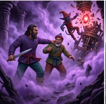 A painting depicting the interior of a massive, dark obsidian stone spire laboratory. Fiendish Cornelius (blue Gidling with red cap/vest) stands triumphantly upon the pile of crushed brass Clockwork Sentinels (skeletal constructs). He is directly connected to the large, complex Aether-Engine (steampunk machine with gears), which is now glowing with stable blue electrical power. Above it, the large Luminous Shard is radiating intensely. Cornelius raises his right arm (now with the Mass-Mangler Gauntlet activated and glowing purple, toward the machine, beginning his ritual of ascension. His eyes glow with newfound, complex Gidling intelligence and power. The environment hums.