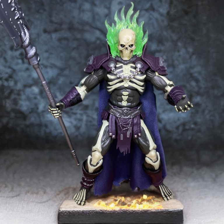 Close-up showing matte bone texture and metallic accents on Scare Glow’s torso and chains.