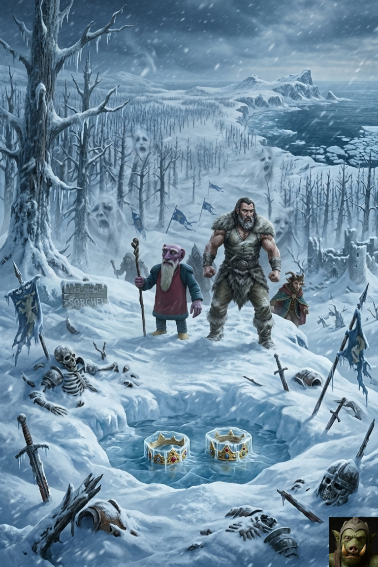 A vertical movie-poster style image titled "SORGHEL’S ETERNAL WINTER: ATROX’S ICY PRISON." It shows Magnus Adamanteus and Nithramous the Wizard in a frozen wasteland. Above them, a giant, looming Witalis Atrox fills the sky. In the foreground, two ancient crowns are frozen in a crater of ice amidst the remains of a fallen army.