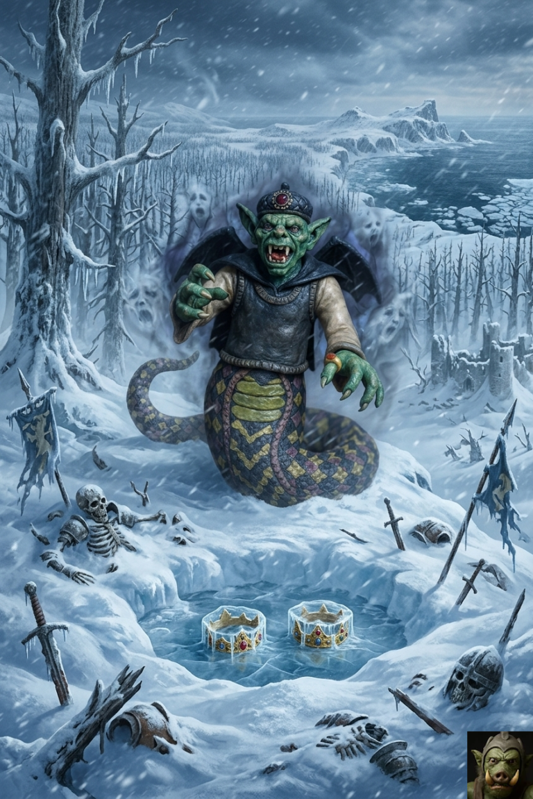 A digital illustration of Witalis Atrox, a green-skinned wizard with a serpent's lower body and bat wings, hovering over a desolate, snow-covered forest. In the foreground, two golden crowns are trapped in a pool of thick ice surrounded by frozen skeletons and rusted swords.