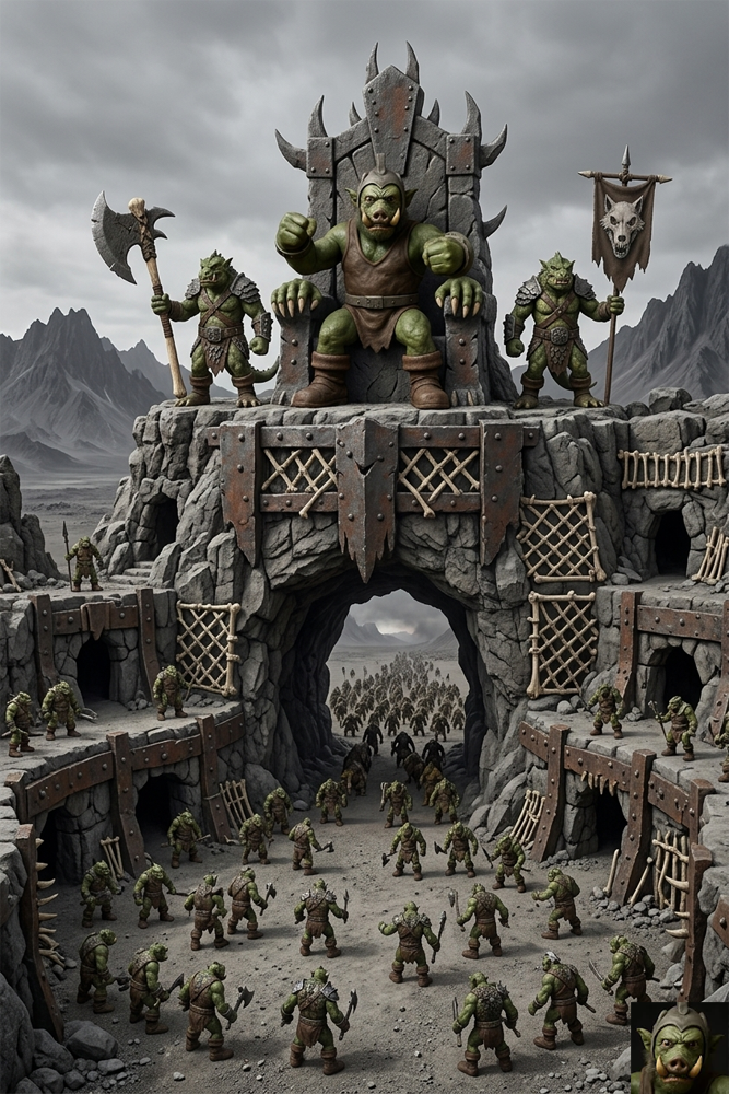 An imposing green-skinned reptilian warlord with a tusked helmet sits on a spiked stone throne atop a rocky fortification. He is flanked by two guards, one holding a massive axe and the other a wolf-head banner. Below him, dozens of smaller Trog warriors gather in a stone courtyard, emerging from cave-like dwellings.