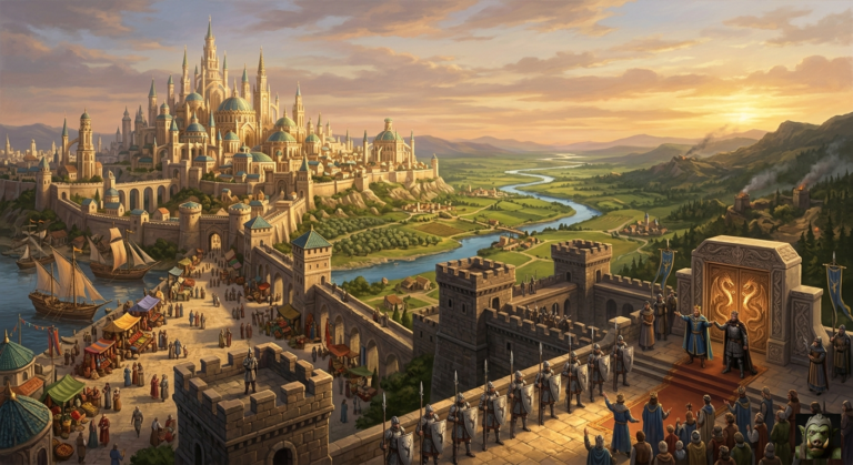 A vibrant, epic fantasy illustration of two allied kingdoms: a sprawling city with golden spires on a hill and a sturdy stone fortress. A river winds through a green valley between them under a warm sunset sky.